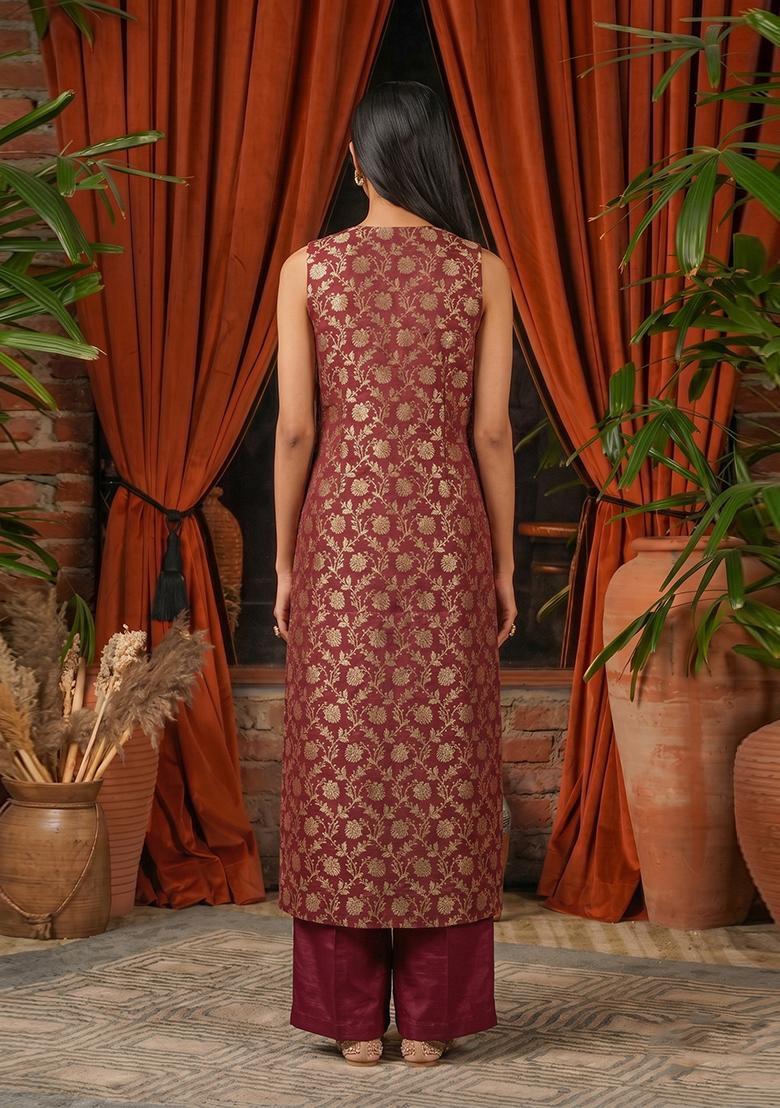 Brown Embroidered Silk Blend Fusion Set - Indya