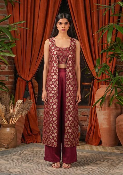 Brown Embroidered Silk Blend Fusion Set