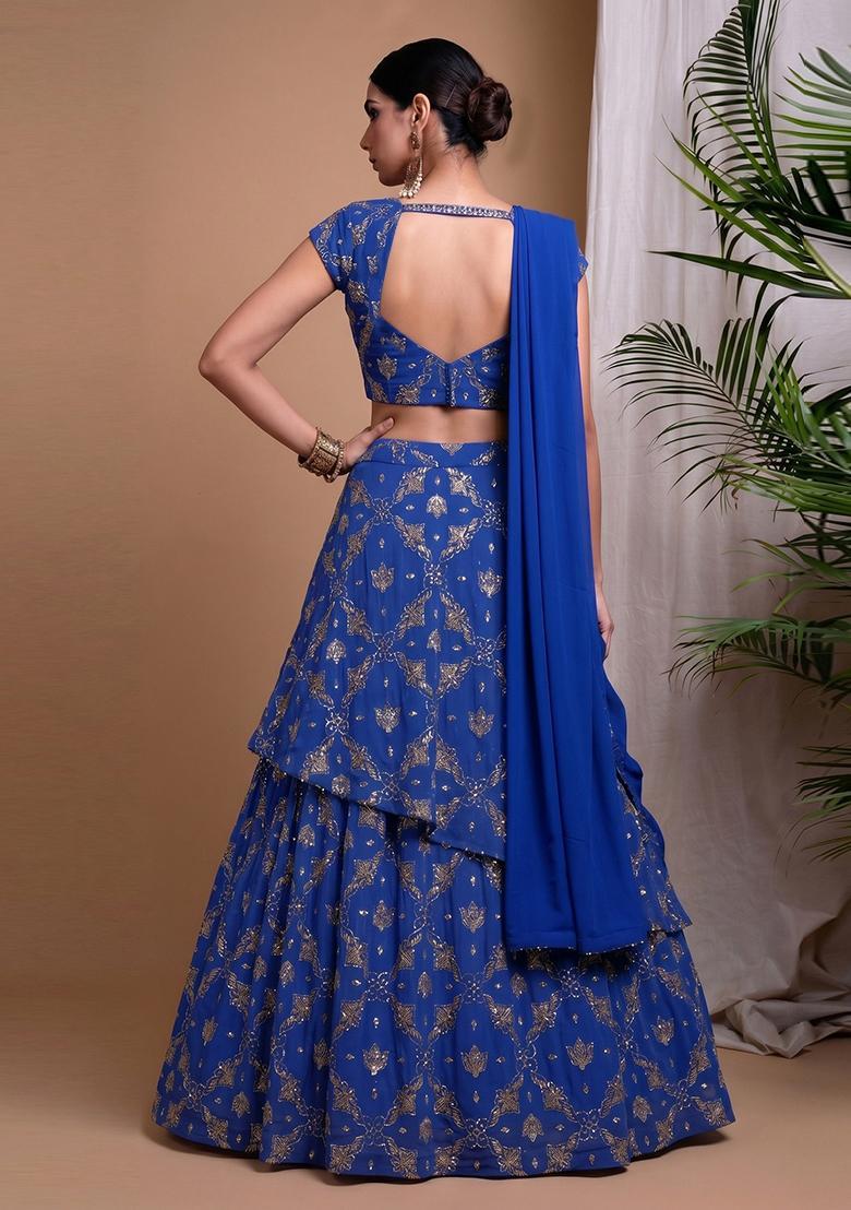 Royal Blue Embroidered Organza Lehenga Set - Indya