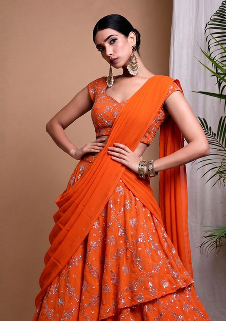 Orange Embroidered Organza Lehenga Set - Indya