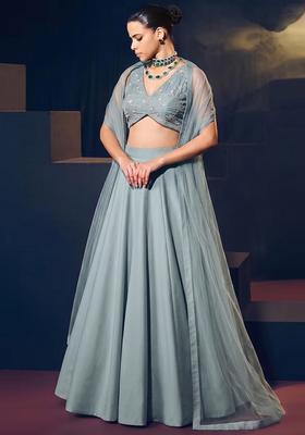 Powder Blue Embroidered Chanderi Lehenga Set