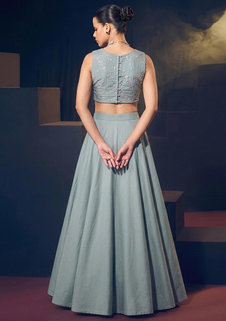 Powder Blue Embroidered Chanderi Lehenga Set - Indya