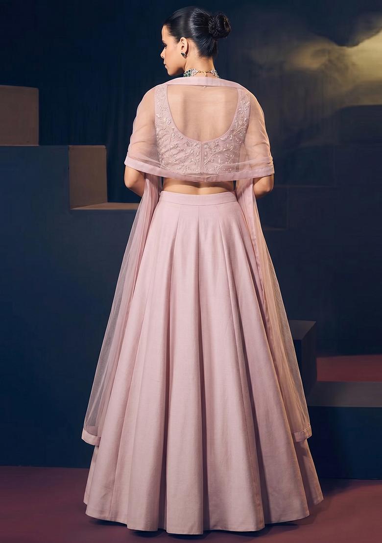 Soft Pink Embroidered Chanderi Lehenga Set - Indya