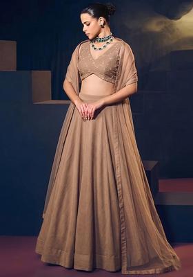Coffee Brown Embroidered Chanderi Lehenga Set
