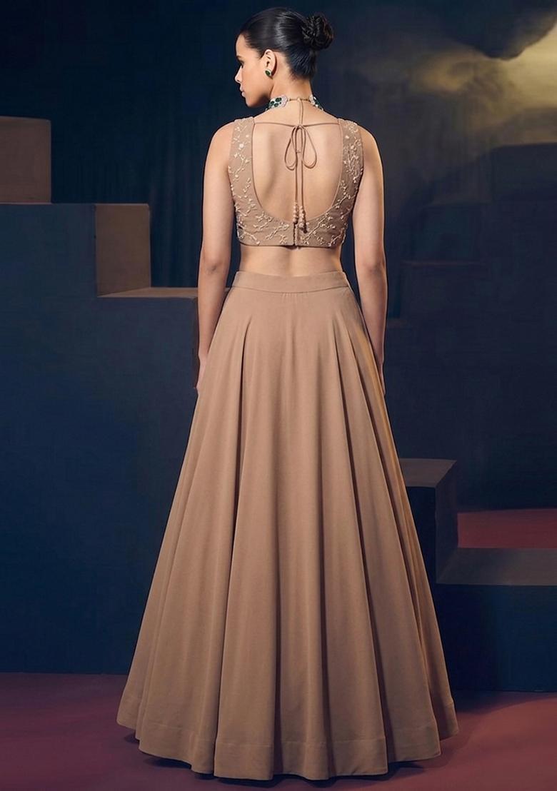 Coffee Brown Embroidered Chanderi Lehenga Set - Indya
