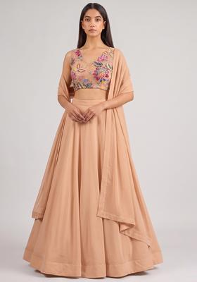 Peach Printed Organza Lehenga Set