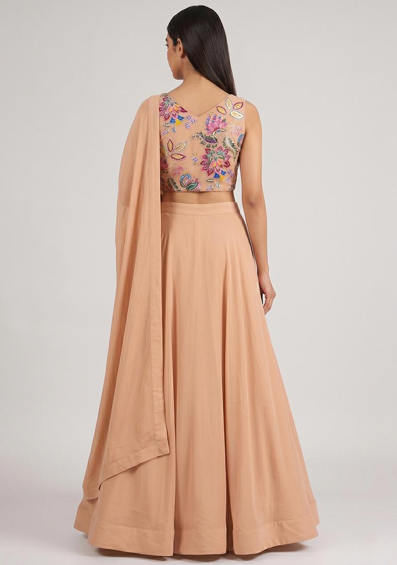 Peach Printed Organza Lehenga Set - Indya