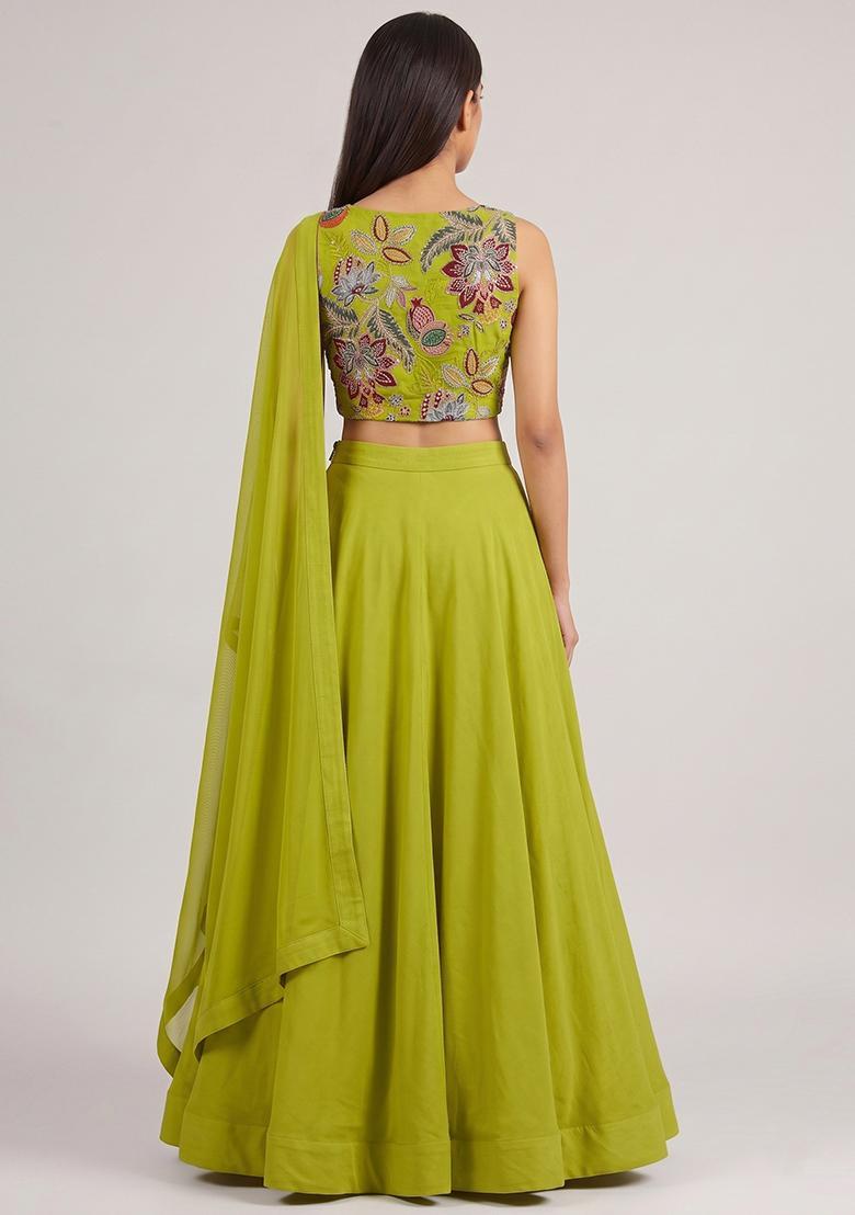 Lime Green Printed Organza Lehenga Set - Indya