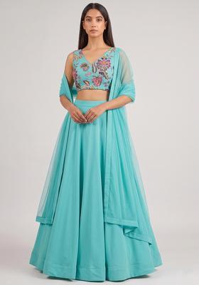 Blue Printed Organza Lehenga Set