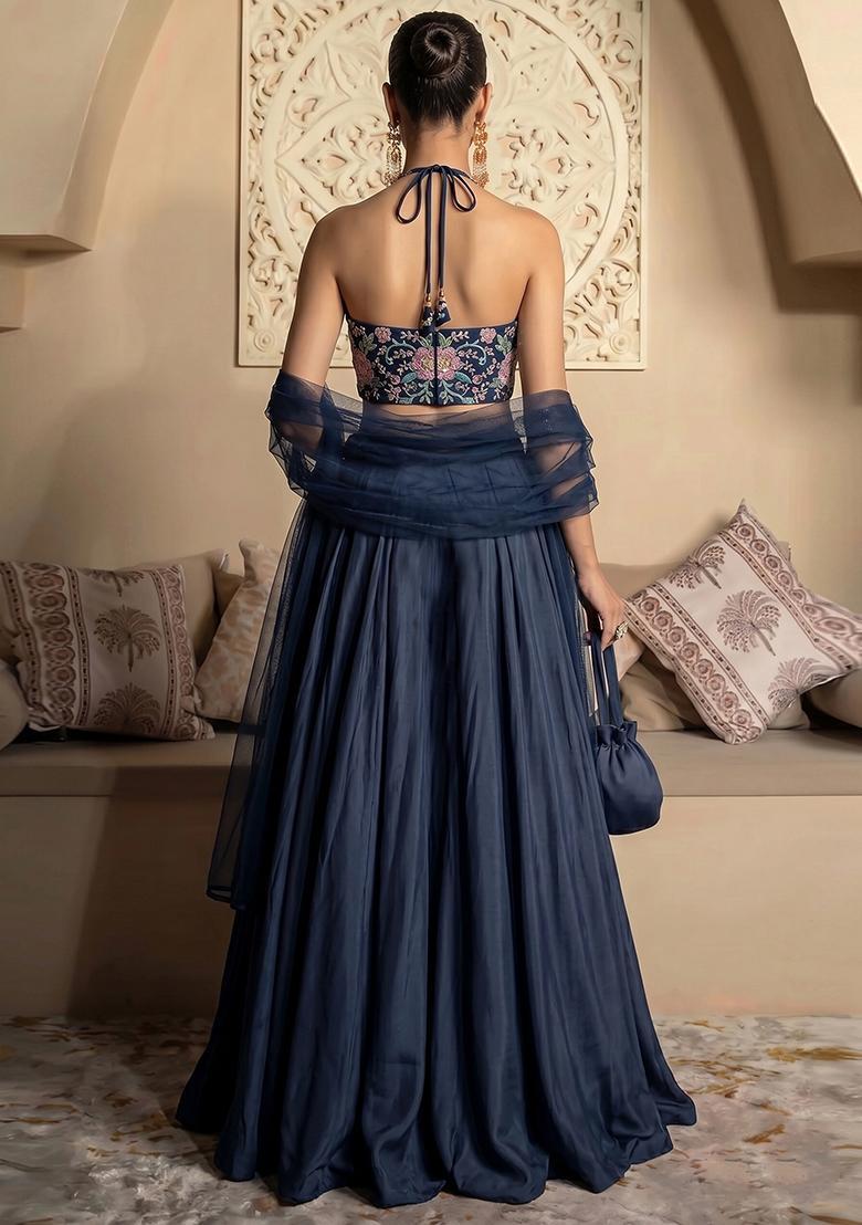 Dark Blue Printed Crepe Lehenga Set - Indya