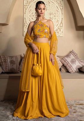 Mustard Printed Crepe Lehenga Set