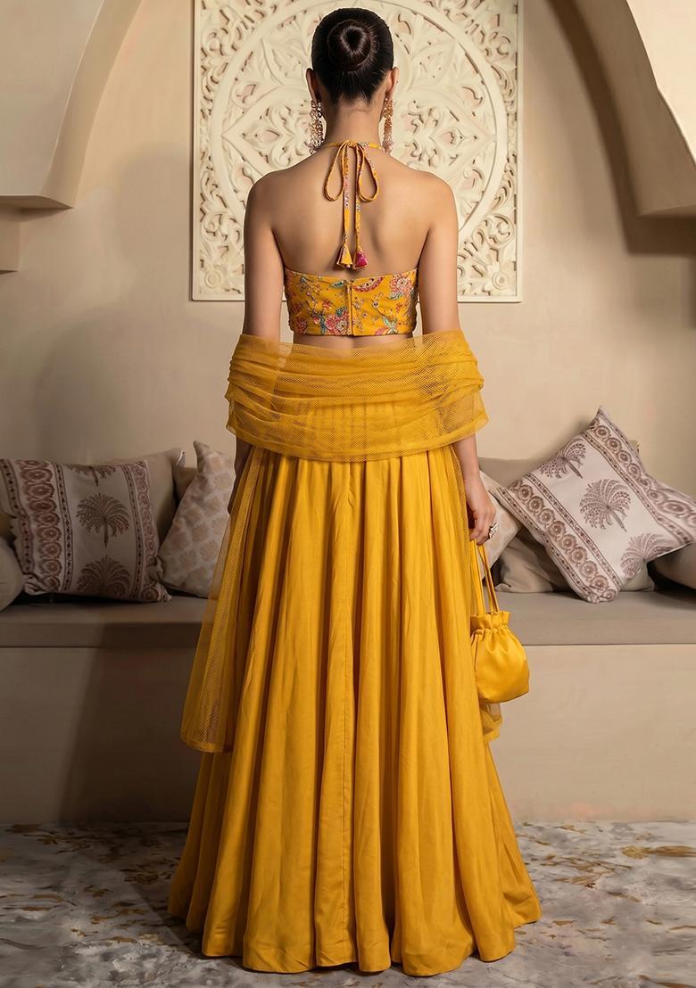 Mustard Printed Crepe Lehenga Set - Indya