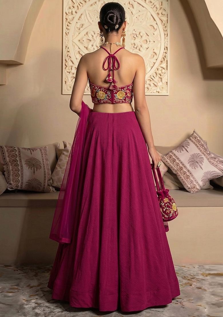 Hot Pink Printed Crepe Lehenga Set - Indya
