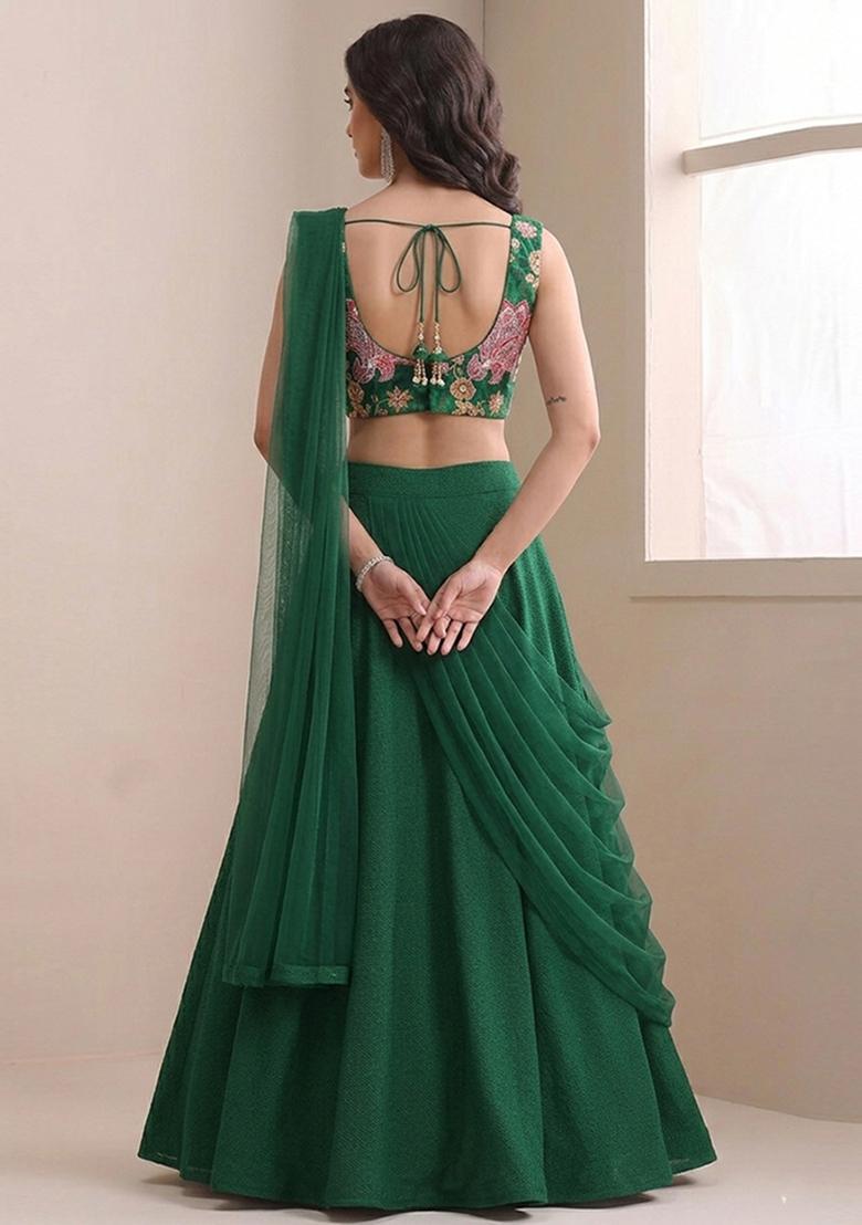 Emerald Green Sequin Tissue Lehenga Set - Indya
