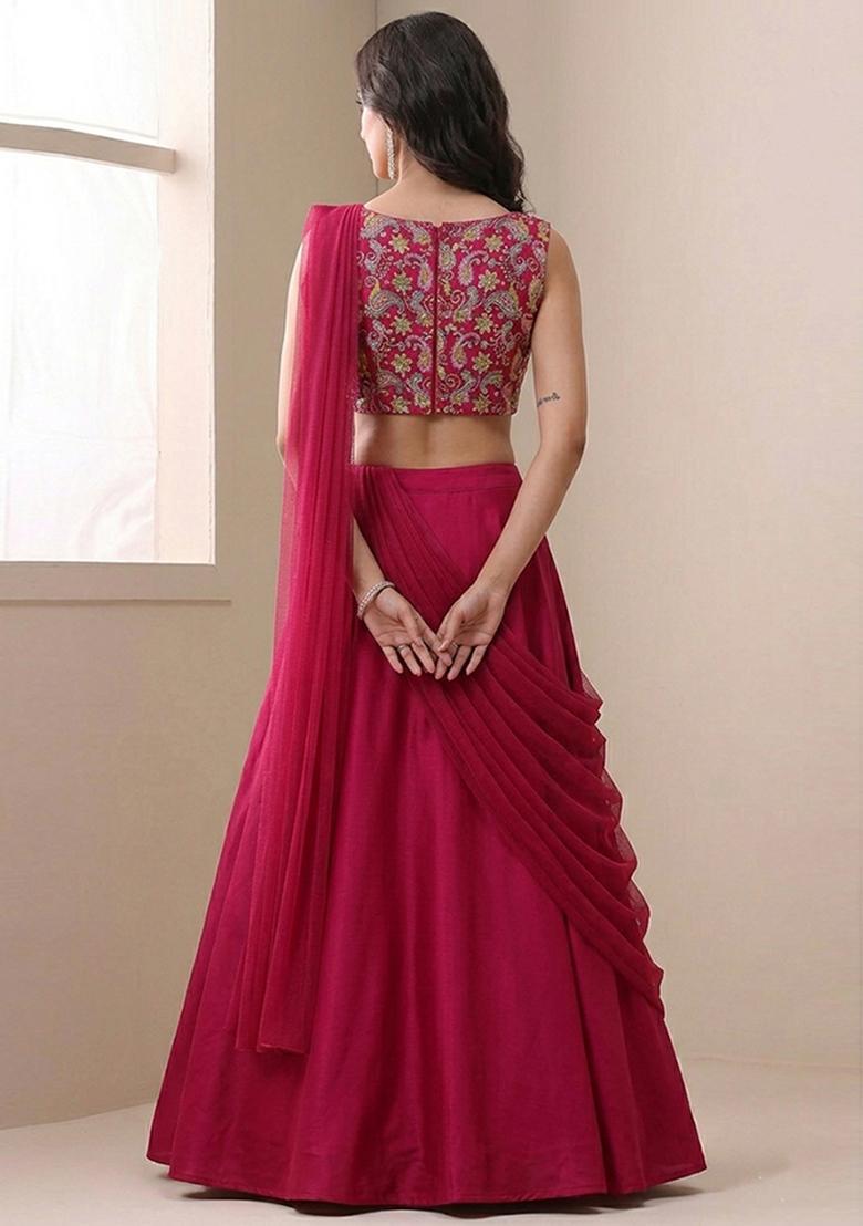 Hot Pink Sequin Crepe Lehenga Set - Indya