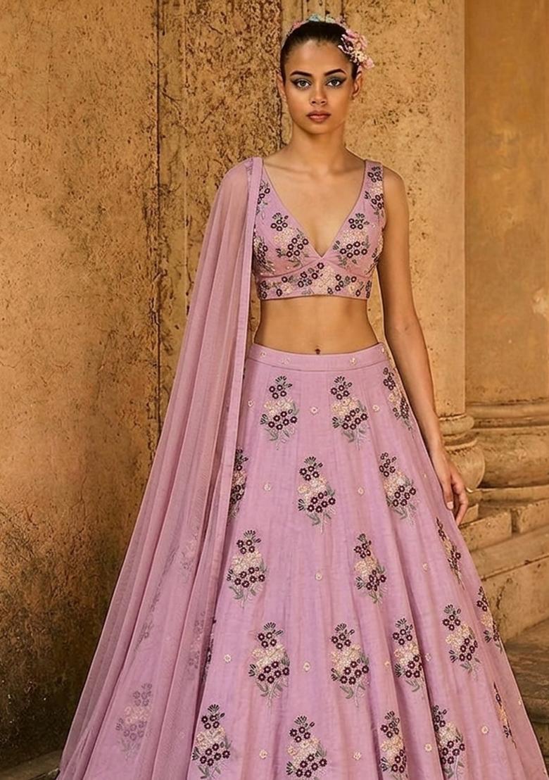 Soft Pink Embroidered Chanderi Lehenga Set - Indya