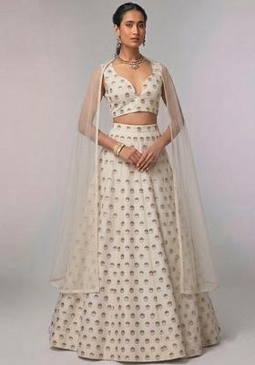 Off White Embroidered Chanderi Lehenga Set