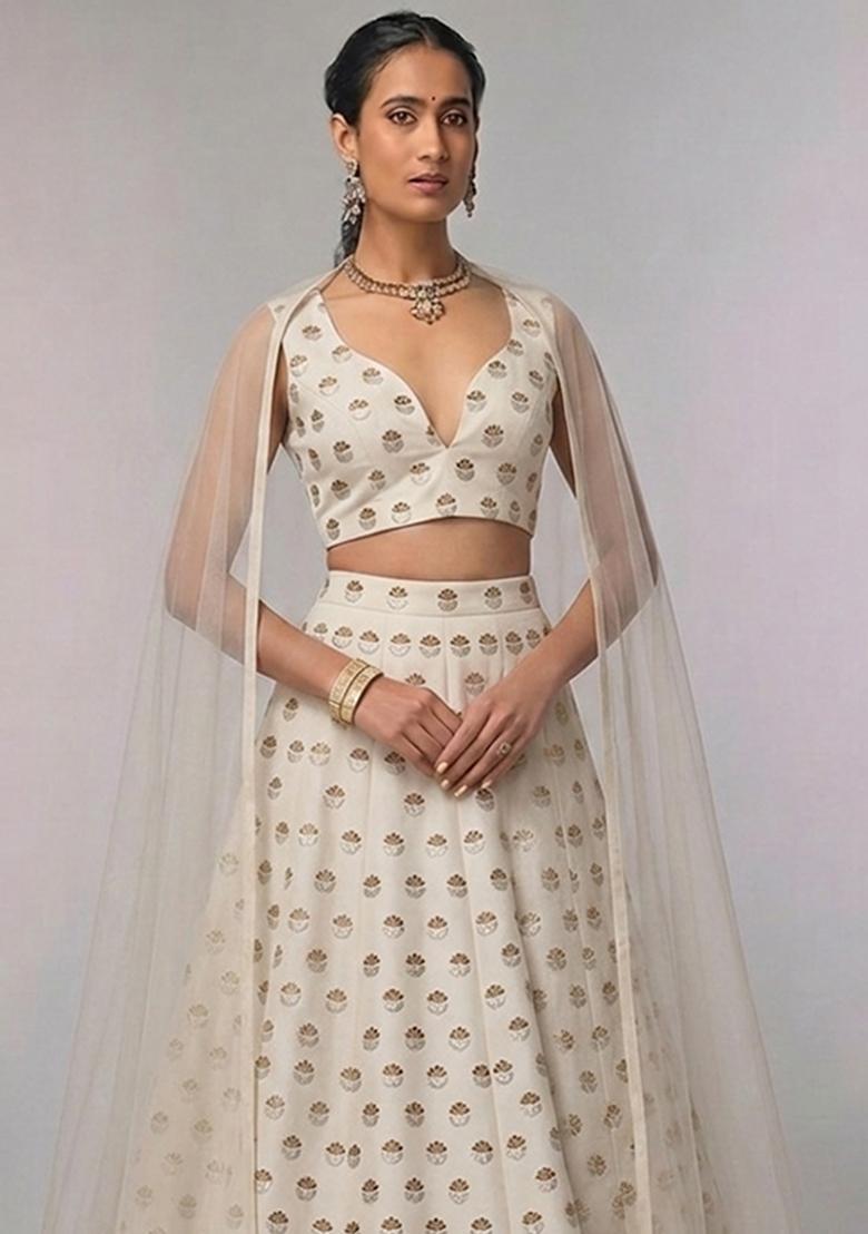 Off White Embroidered Chanderi Lehenga Set - Indya