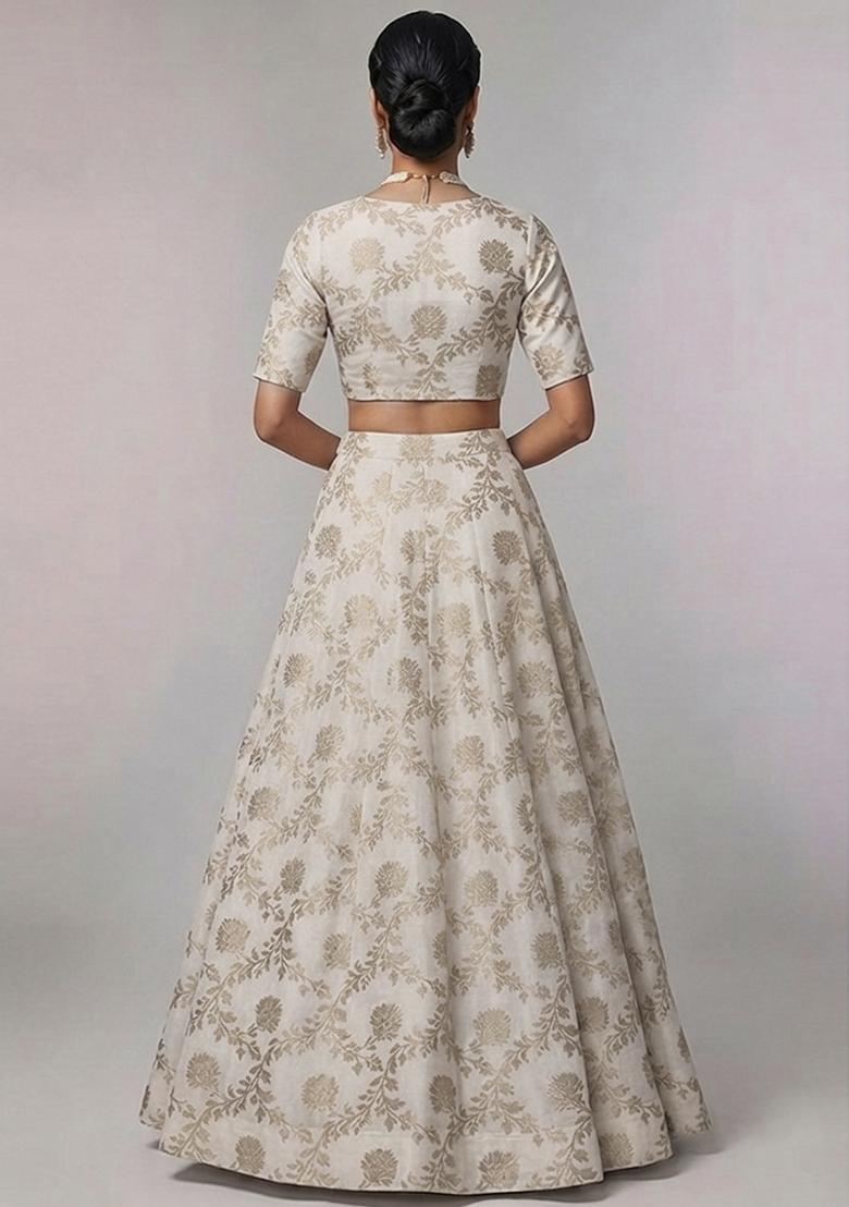 Ivory Embroidered Chanderi Lehenga Set - Indya