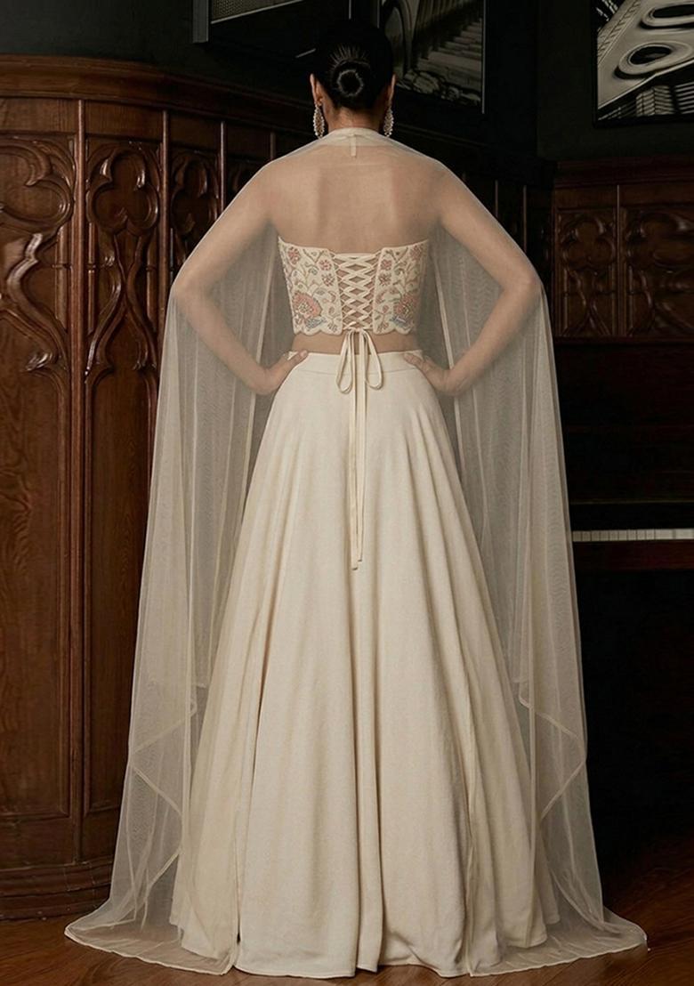 Off White Printed Organza Lehenga Set - Indya