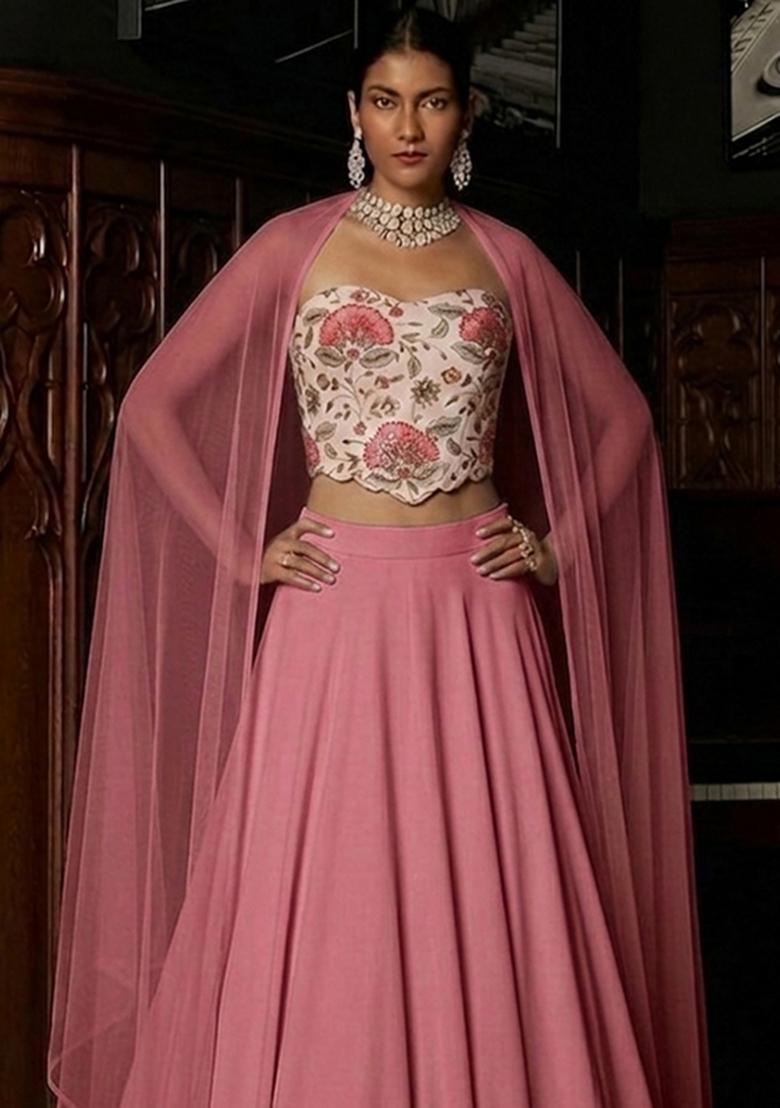 Soft Pink Printed Organza Lehenga Set - Indya