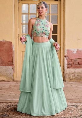 Mint Green Printed Organza Lehenga Set