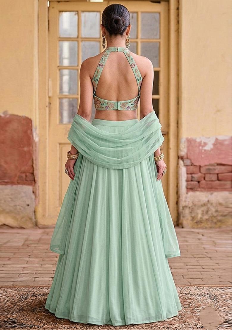 Mint Green Printed Organza Lehenga Set - Indya
