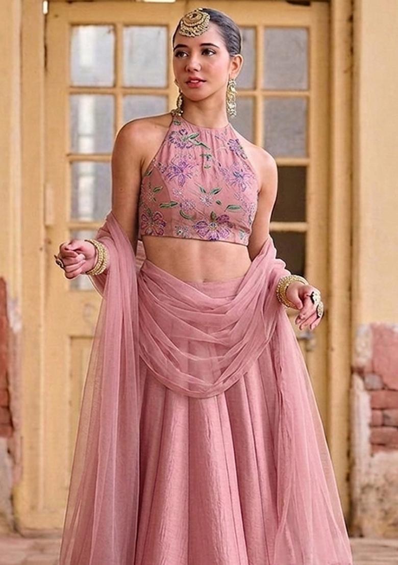 Pink Printed Organza Lehenga Set - Indya