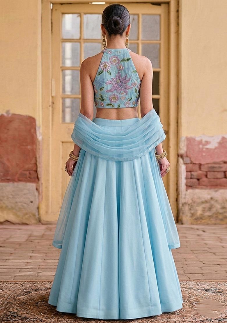 Pastel Blue Printed Organza Lehenga Set - Indya