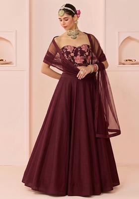 Deep Maroon Printed Organza Lehenga Set