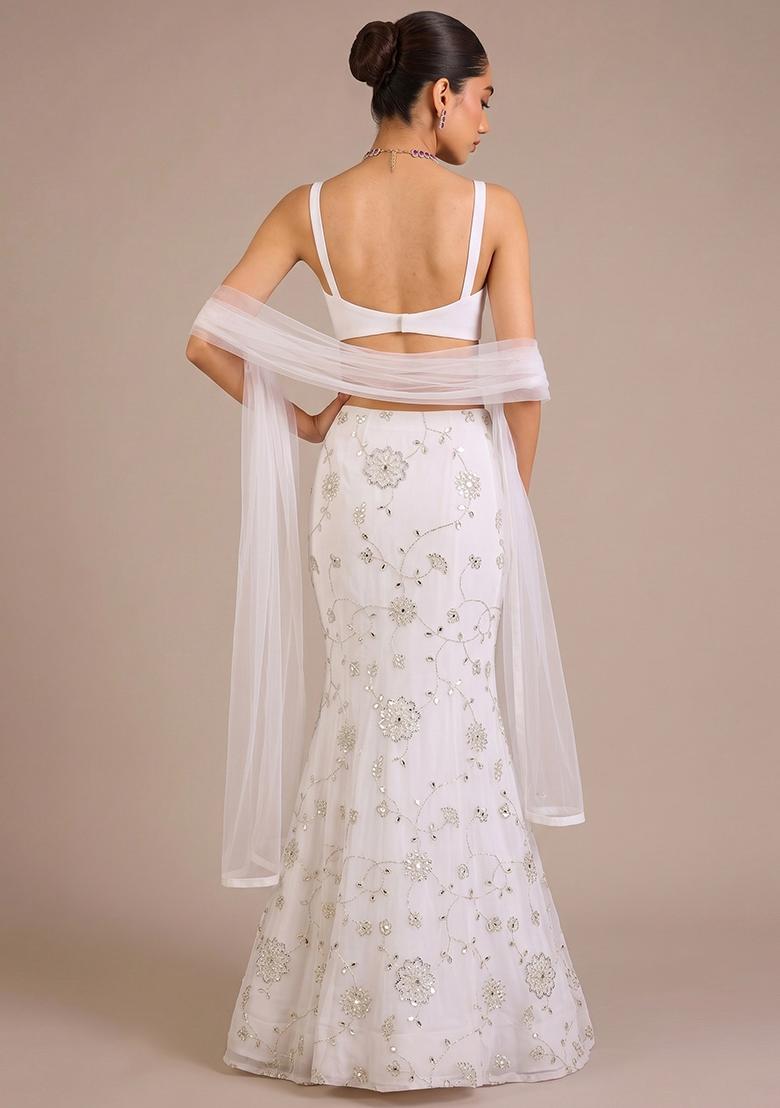 White Embroidered Silk Blend Lehenga Set - Indya
