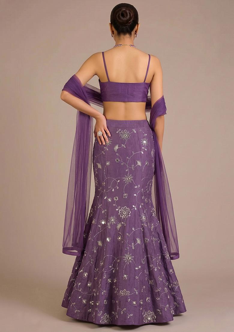Lavender Embroidered Silk Blend Lehenga Set - Indya