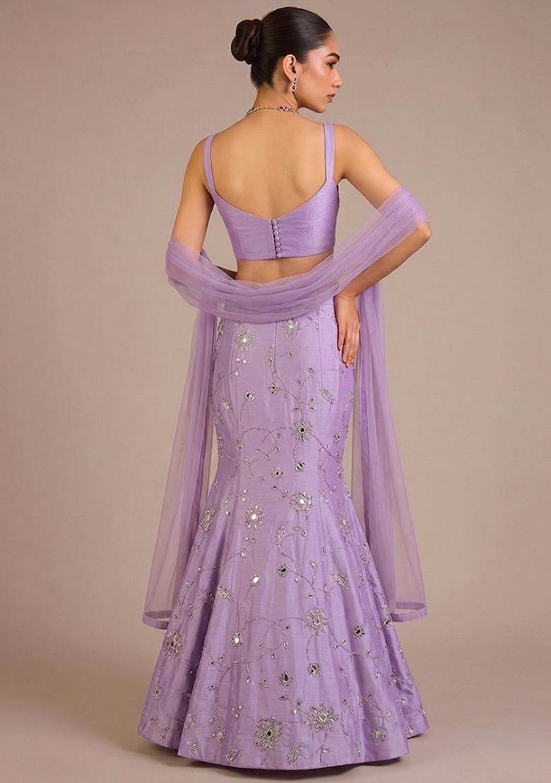 Lilac Embroidered Silk Blend Lehenga Set - Indya