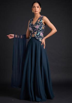Black Printed Crepe Lehenga Set