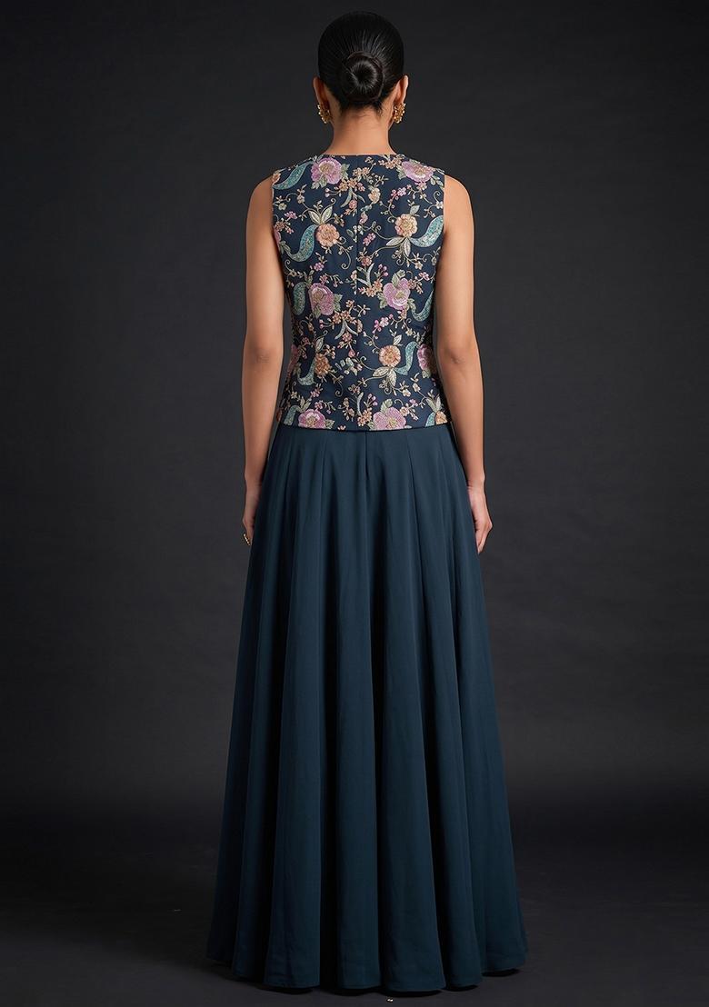 Black Printed Crepe Lehenga Set - Indya