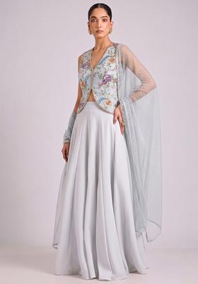 Ivory Printed Crepe Lehenga Set