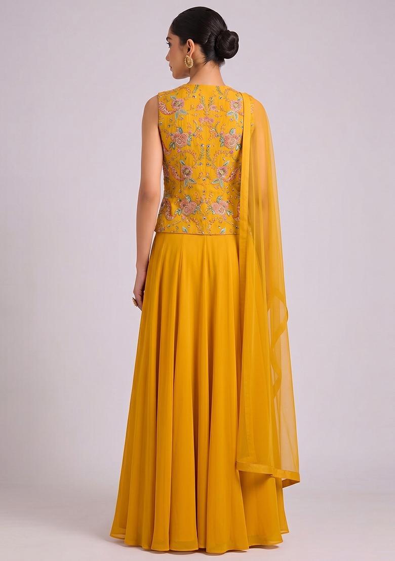 Mustard Printed Crepe Lehenga Set - Indya