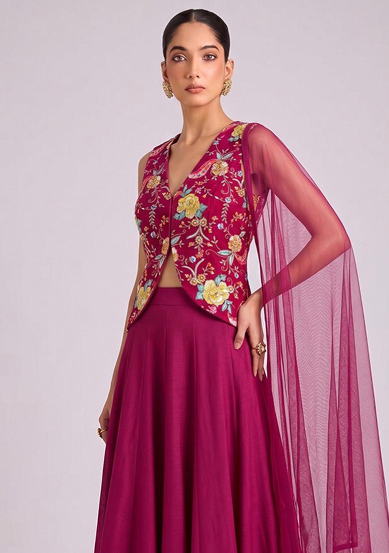 Rani Pink Printed Crepe Lehenga Set - Indya