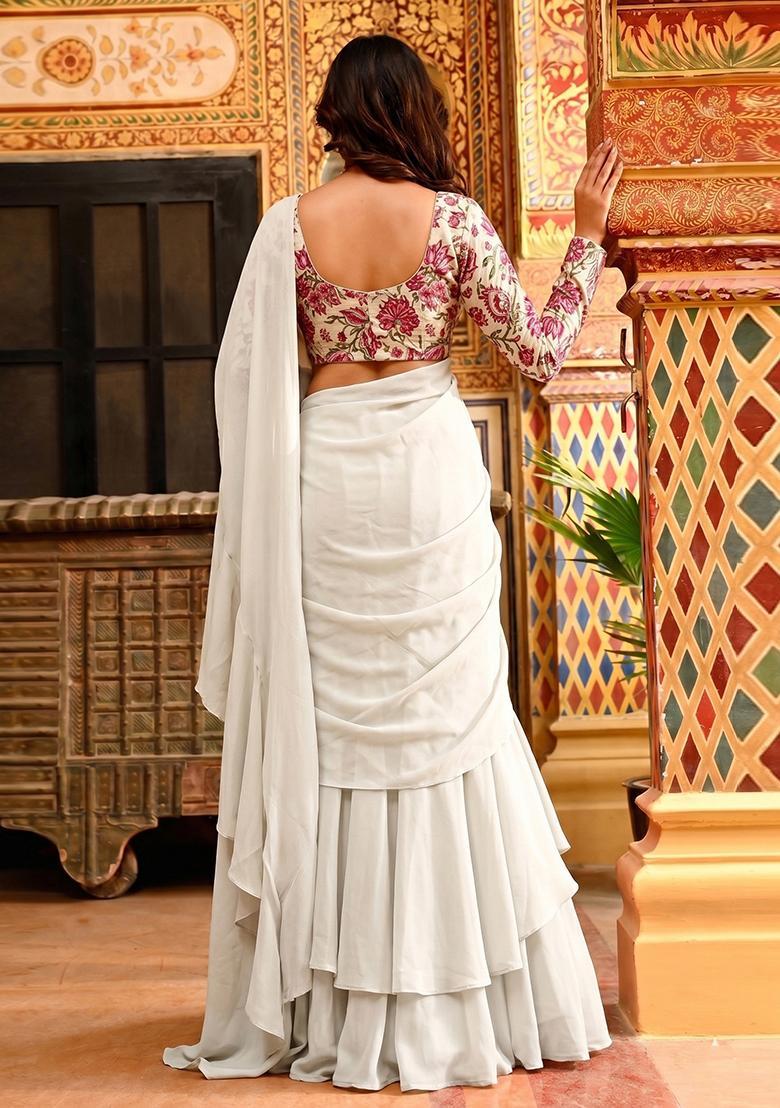 White Printed Organza Lehenga Set - Indya
