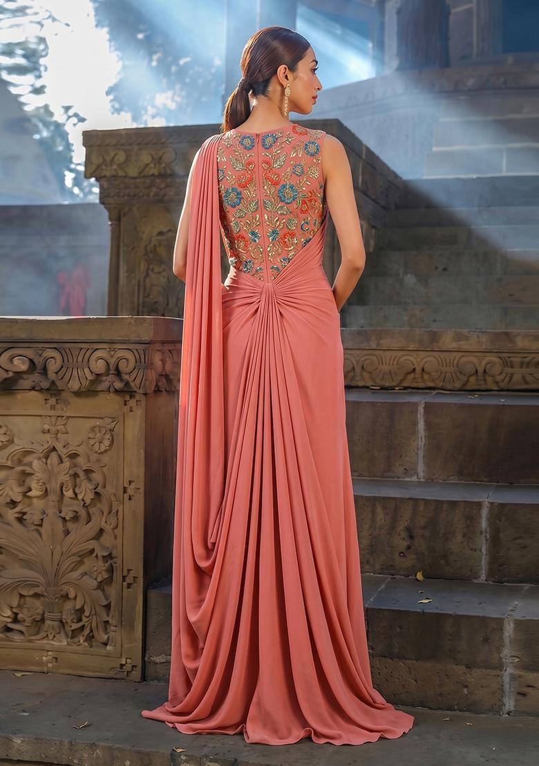 Coral Peach Printed Pre Draped Saree Set - Indya