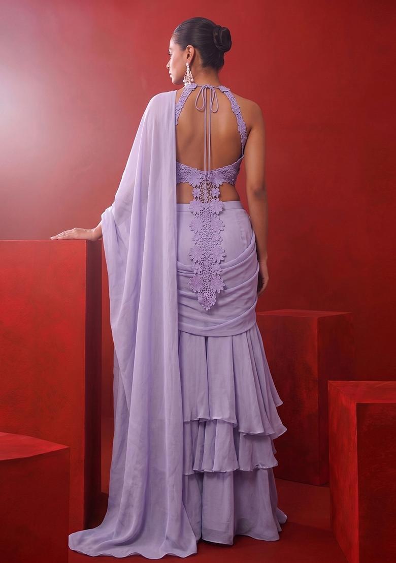 Lavender Embroidered Pre Draped Saree Set - Indya