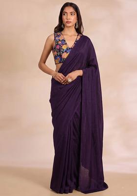 Deep Purple Printed Chinon Pre Draped Saree Set