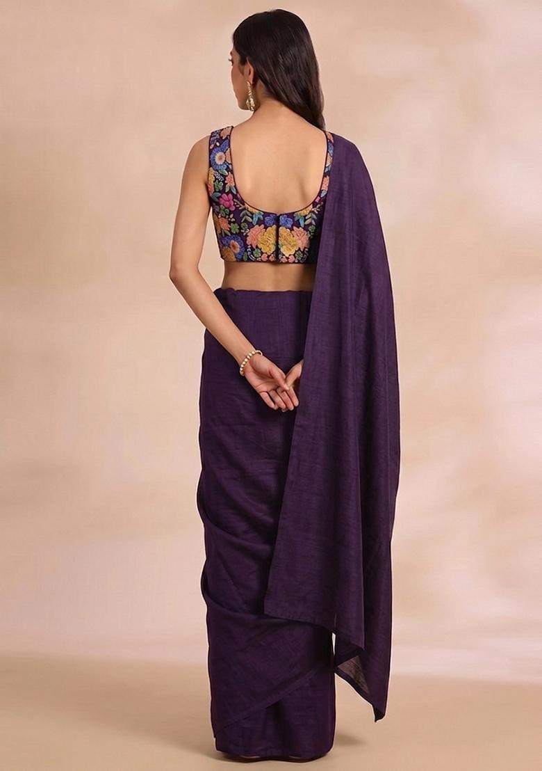 Deep Purple Printed Chinon Pre Draped Saree Set - Indya