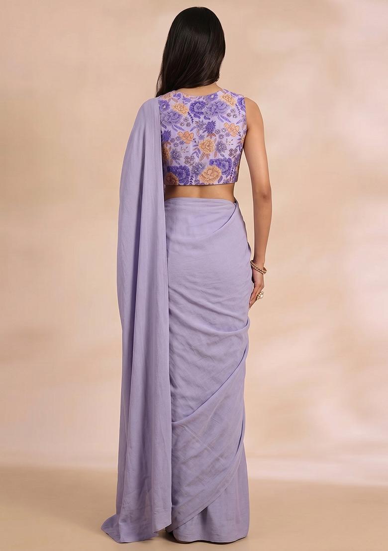 Lilac Printed Chinon Pre Draped Saree Set - Indya