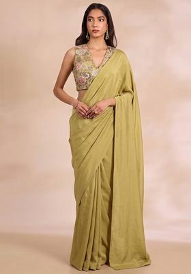 Olive Green Printed Chinon Pre Draped Saree Set