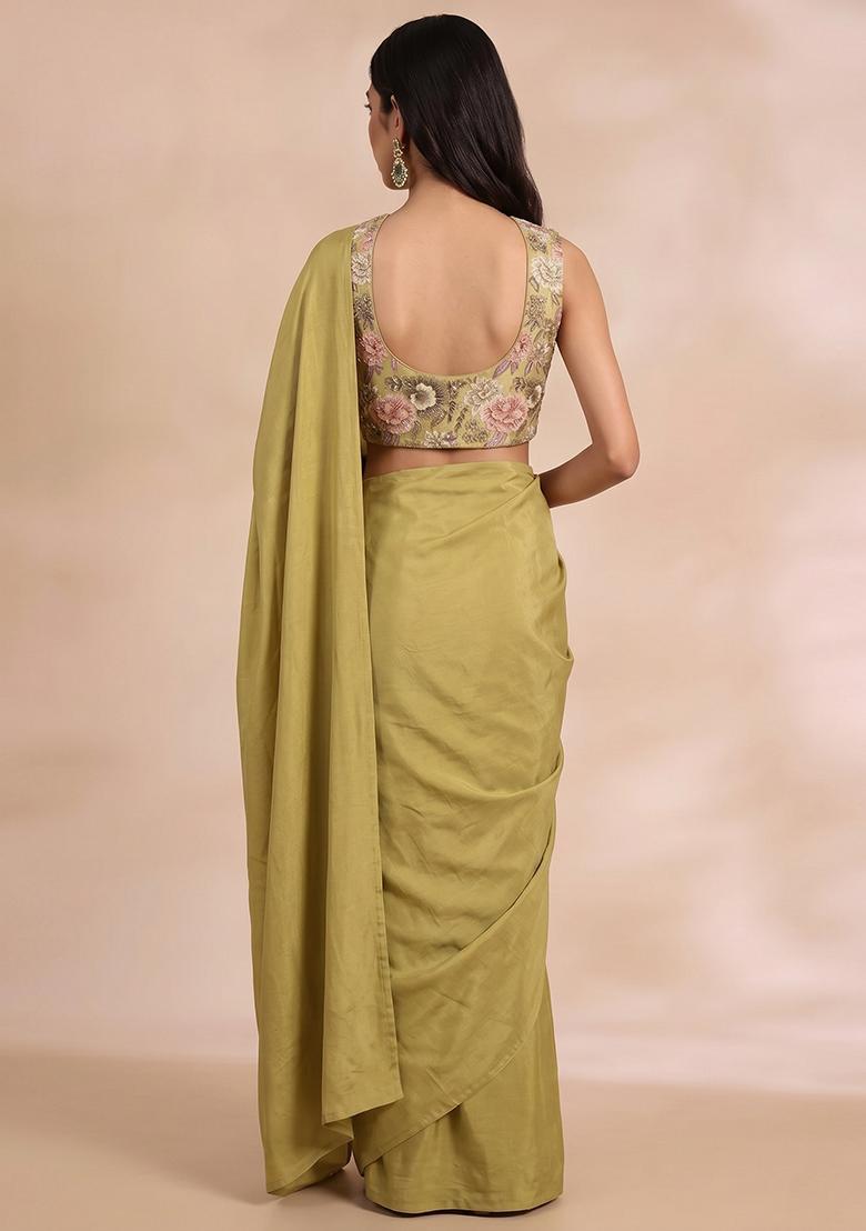 Olive Green Printed Chinon Pre Draped Saree Set - Indya