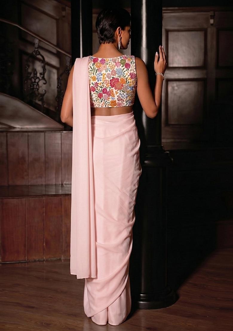 White Printed Crepe Pre Draped Saree Set - Indya
