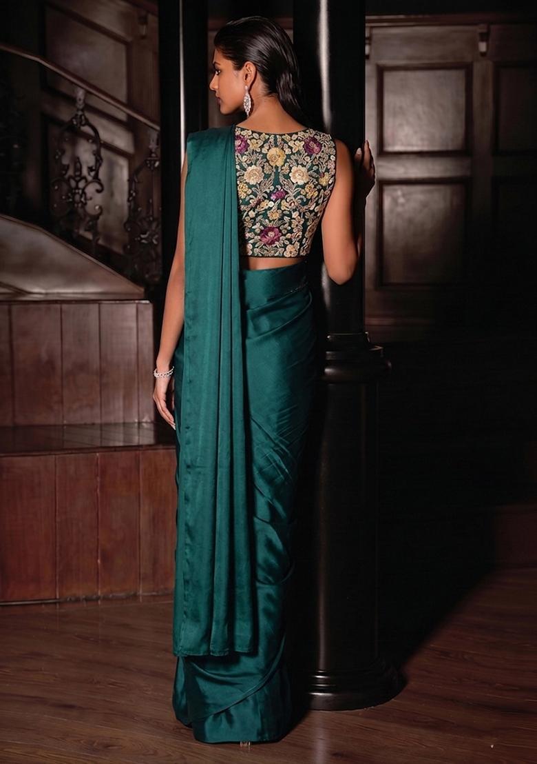 Bottle Green Printed Crepe Pre Draped Saree Set - Indya
