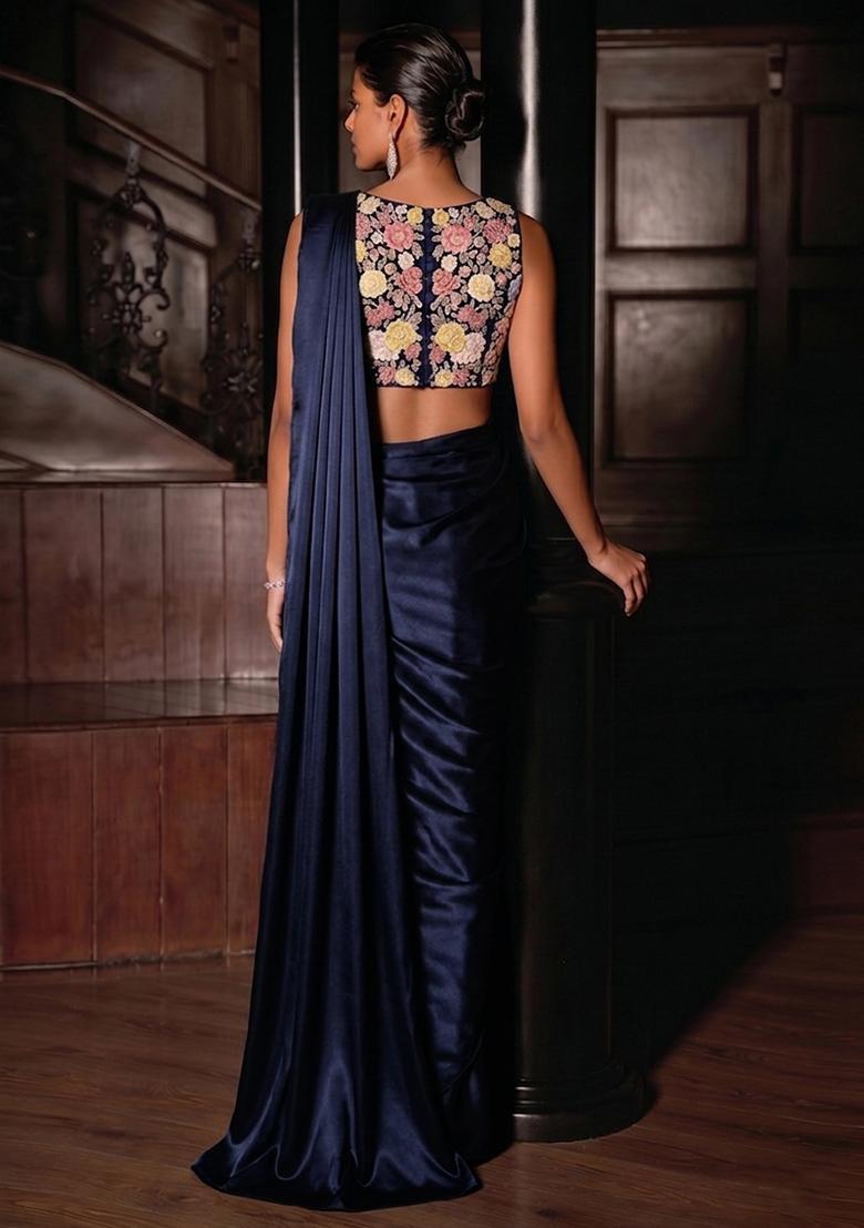 Navy Blue Printed Crepe Pre Draped Saree Set - Indya