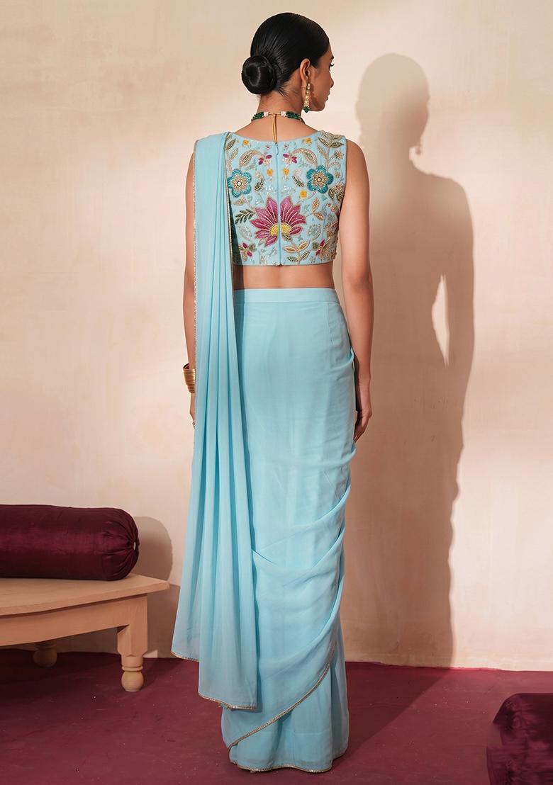 Sky Blue Embroidered Organza Pre Draped Saree Set - Indya
